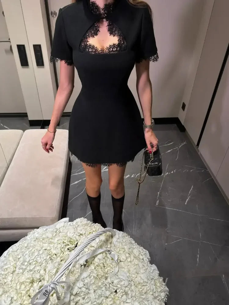 Black Lace Trim Hollow Out Mini Dress Women A-line Turtleneck Waist Cinched Short Sleeve Vestidos 2026 Lady Daily Party Gown
