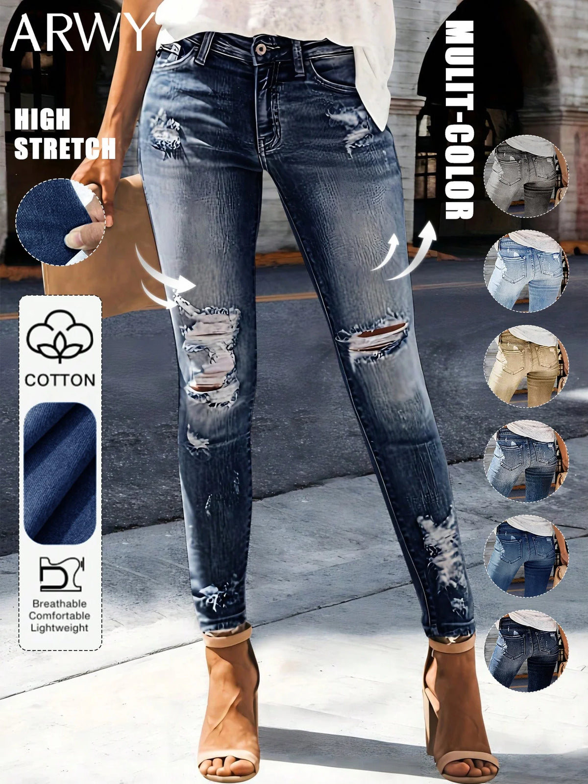 Women's Casual Elegant Party Solid Color Washed Cat Whisker Pattern Denim Ripped Skinny Jeans Tapered Pants Simple Daily Wear