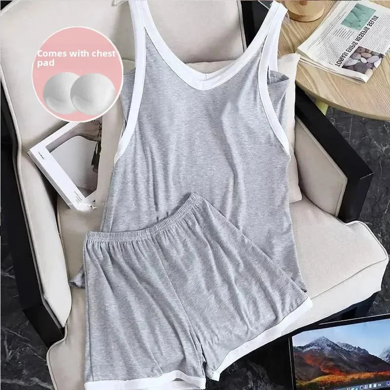 Women Sleeveless Summer Casual 2/pce Set Girls Spaghetti Strap Vest Shorts Outfit Lady Color Blocked Bra Pad Fashion Loungewear