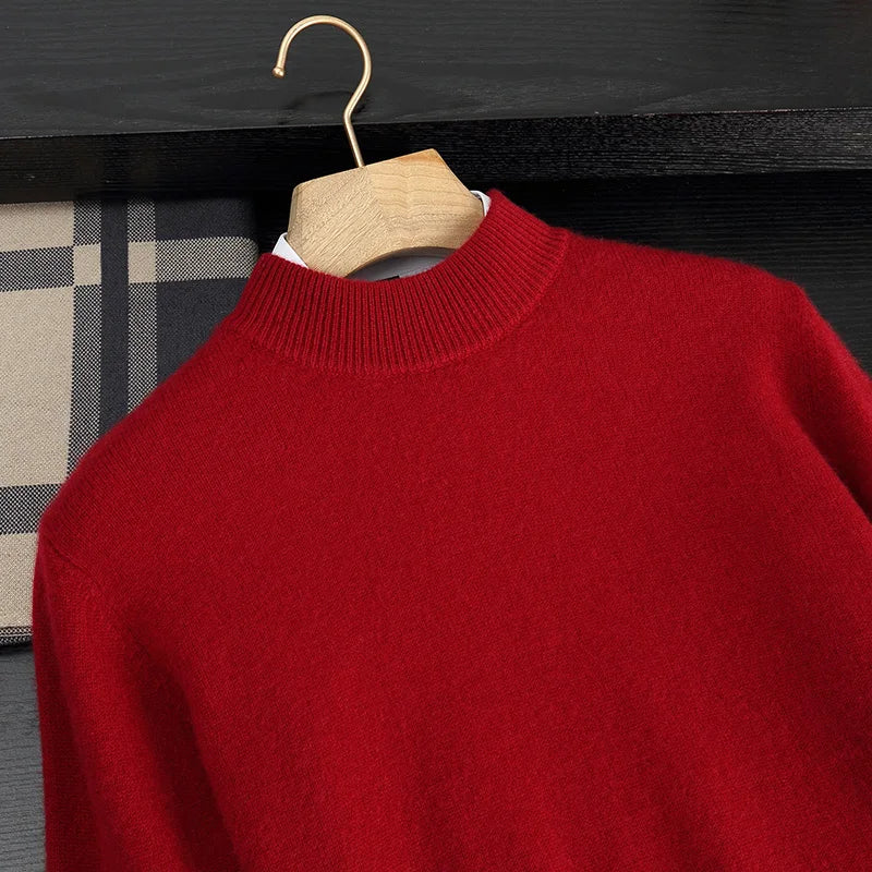 Autumn/Winter Men's 100% Cashmere Pullover Business Casual Solid Knitted Sweater Loose Half High Neck Tops Thick Warm Jumper