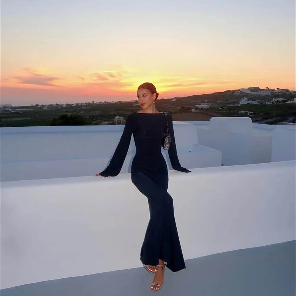 Women Summer Mesh Wrapped Dress Long Sleeve Round Neck See Through Sunscreen Solid Color Backless Beach Long Dress