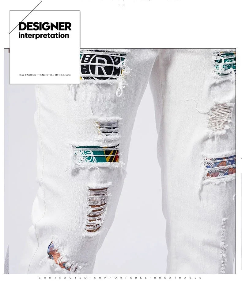 White 97% Cotton Jeans Men Clothing New Ripped Slim Patchwork Fashion Hole Skinny Elasticity Denim Trousers Male Streetwear