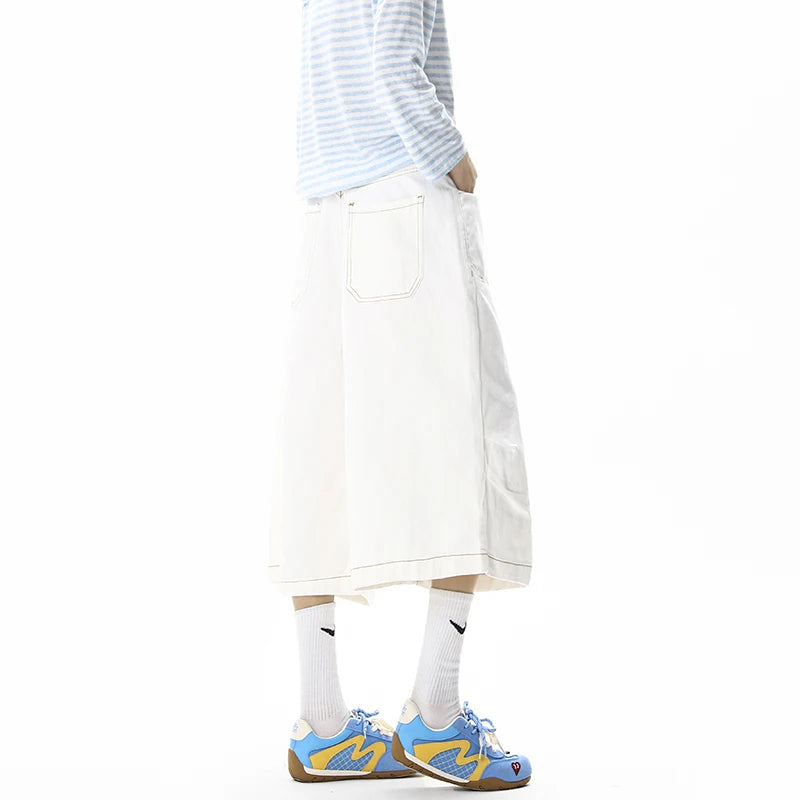 White denim pants men capri pants fashion trendy summer denim fabric visible stitching design, streetwear outdoor sports pants
