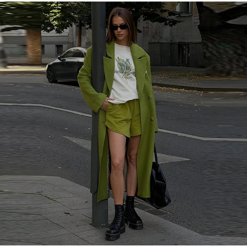 Women Olive Green Oversized Coat Notched Lapel Double Breasted Straight Outerwear Vintage Fall Winter Daily 2026 Office Outfit