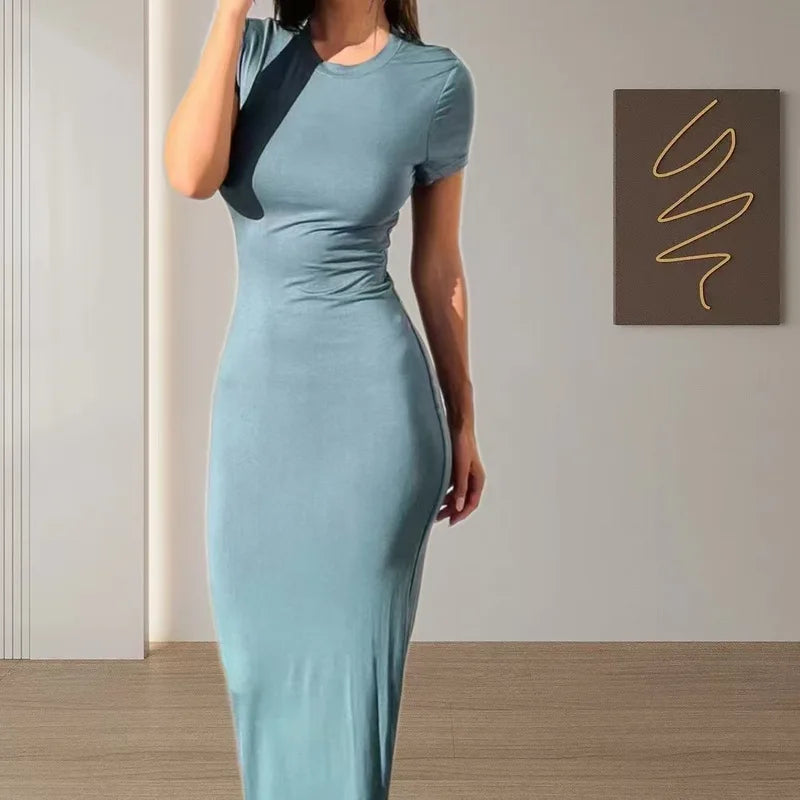 2026 Spring Summer European American Women's Solid Color Slim Fit Waist Hugging Elegant Short Sleeve Fashion Dress