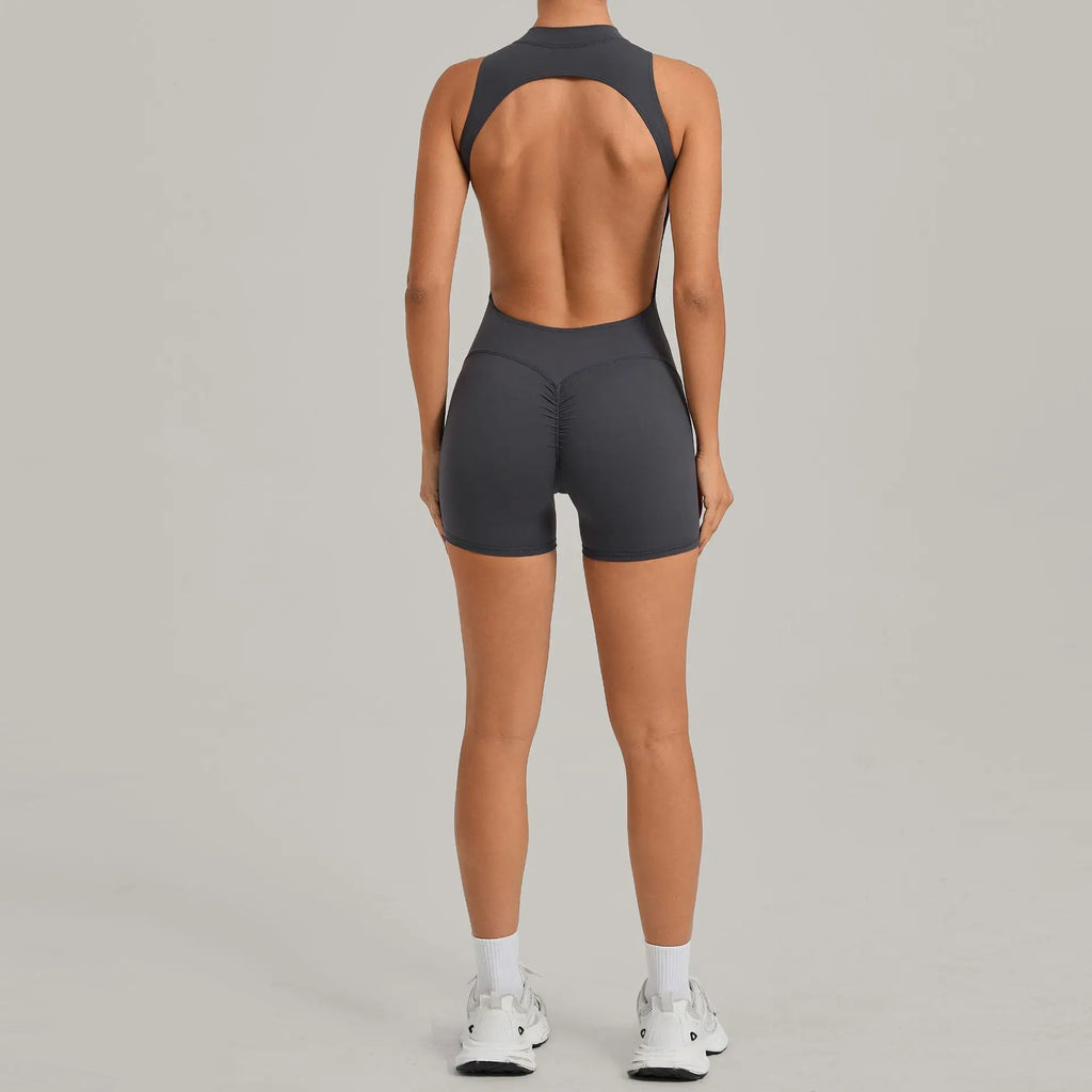 Sexy Hollow Backless Unitard Gym Women Romper Sleeveless Zipper Scrunch Butt Short Jumpsuit for Fitness Sports Short Playsuit