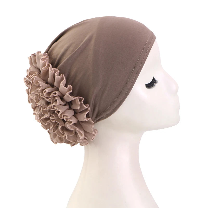 New breathable chiffon hat with large flowers Solid color thin bottom cap Islamic Head Wrap Women's elastic anti hair loss hat