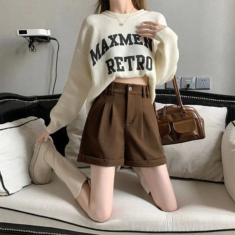 Women Office Lady Summer 2025 Solid Brown Thick High Waist Shorts Korean Style Wide Leg Boot Pants