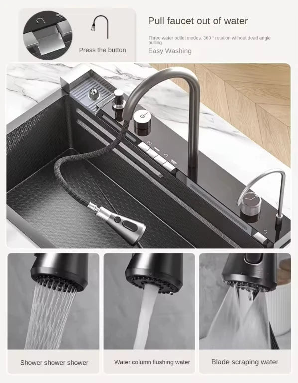 Stainless Steel Large Single Slot Bionic Honeycomb Black Wash Top Mount / Apron Front Smart Kitchen Sink with Waterfall Faucet