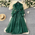 Spring Autumn French High-end Women's Dress New Lace Embroidery V-neck Lantern Sleeves Single Breasted Party Birthday Dress C192