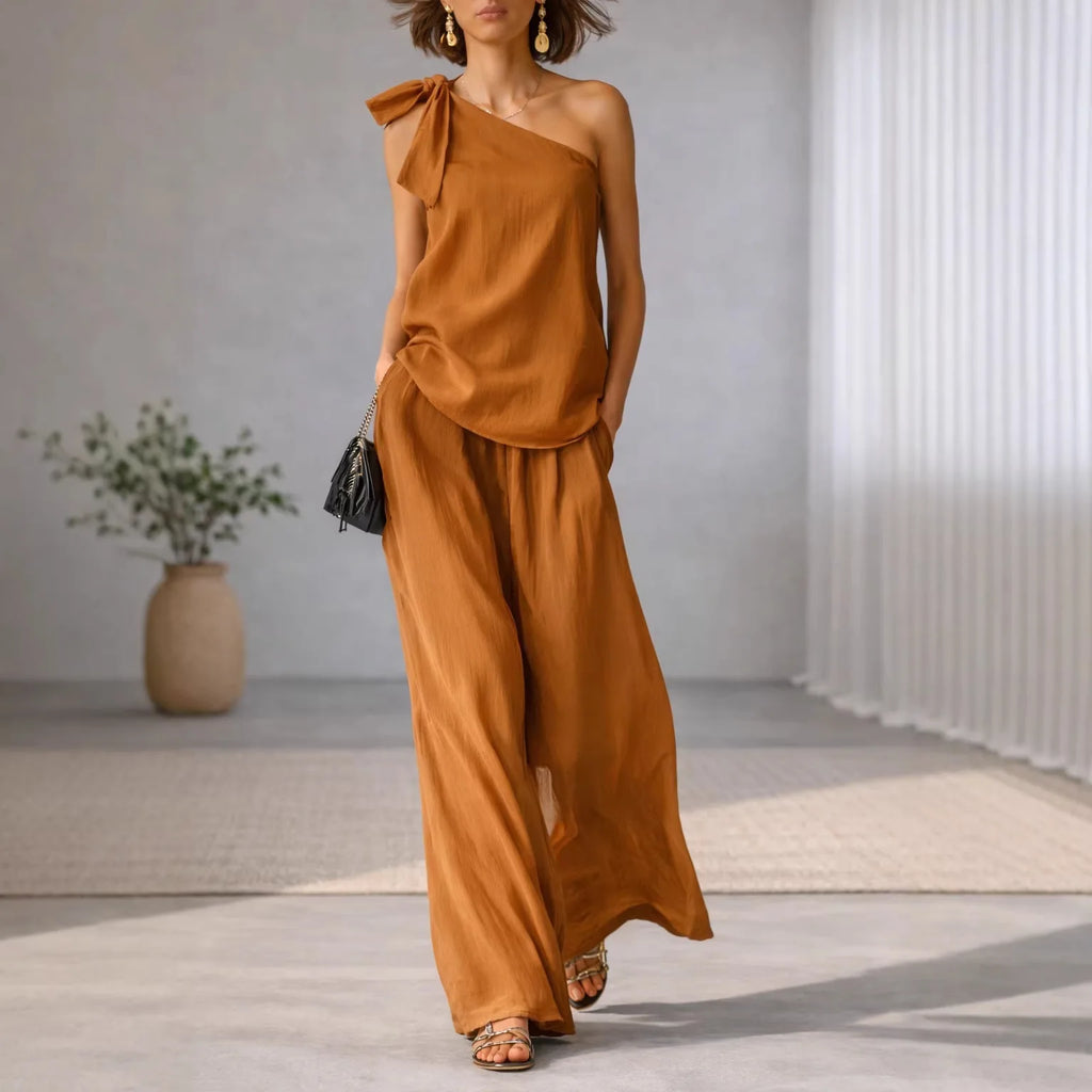 Shoulder Bared Sleeveless Top with Tie Detail And Wide Leg Pants Spring Summer New Style Comfortable Casual Business Commuting