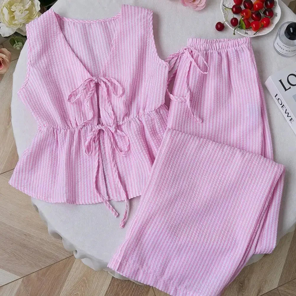 Women's Striped 2 Piece Outfits Tie Front Ruffle Tank Top Loose Fit Women Suit Summer Casual Sleeveless Lounge Sets