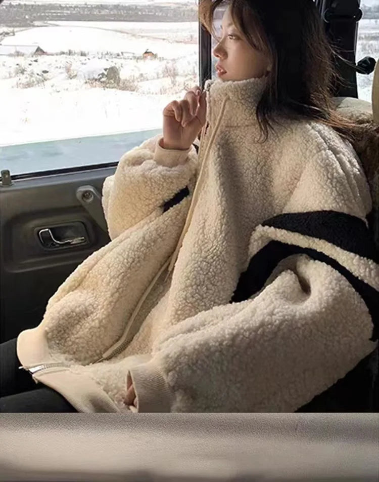 Women Causal Color Block Fleece Jacket Drawstring Zip Up Loose Contrast Striped Warm Winter Coat for Daily