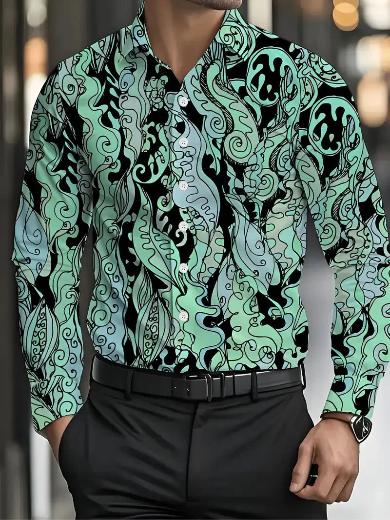 Hawaiian Men's Long Sleeve Shirt Folding Shirt Striped Pattern Digital Flower Print Fashion Casual Party Street