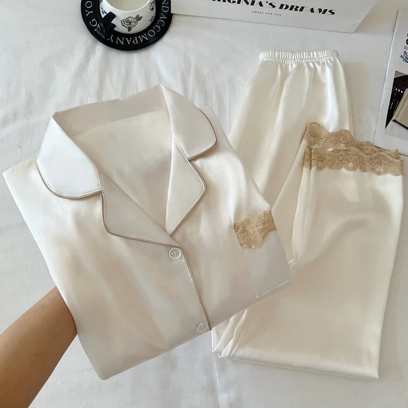 Women's Spring/Autumn Ice Silk Nightwear Set Luxurious Lace Trim Long-Sleeved Lightweight Homewear Actual Product Photography