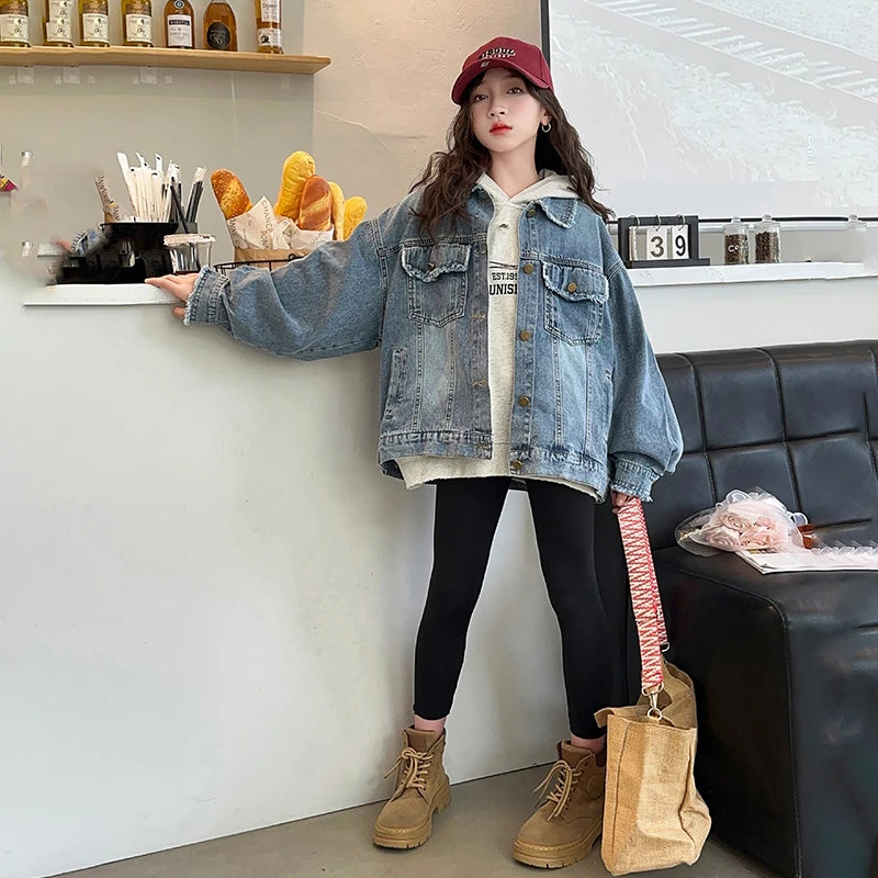 Girls Denim Jacket Spring Autumn 2026 New Style Casual Versatile Loose Button Down Jean Coat Fashion Children's Clothing