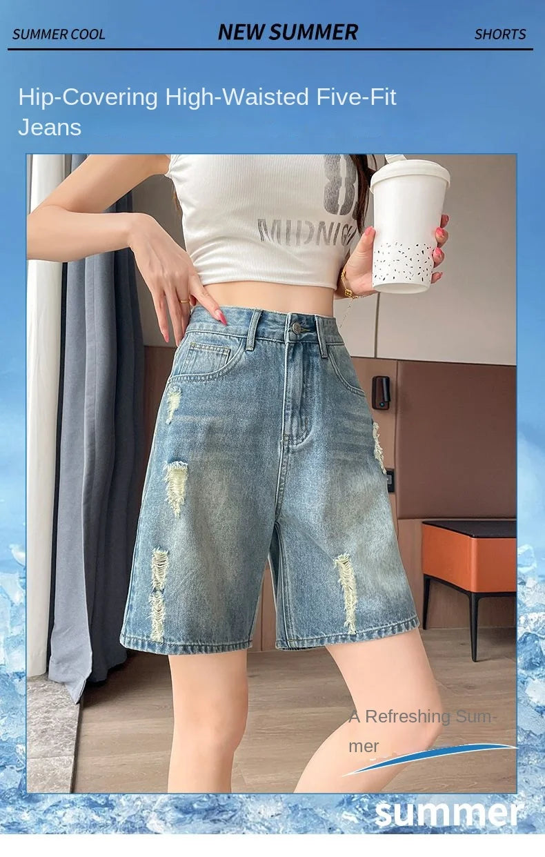 2026 Summer New Women Vintage Washed Ripped Denim Bermuda Shorts Loose Straight Five Points Casual Street Jeans