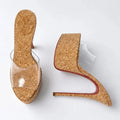 Summer New Women's Cork Textured Platform Pointed Toe Mule Sandals PVC Single Strap Thin Heel Slip On Beach Fashion Slippers