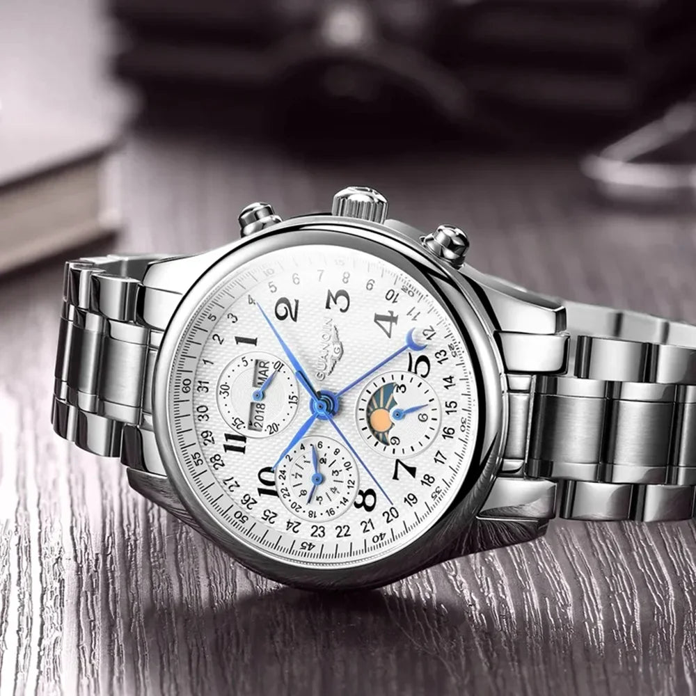 GUANQIN Leather Steel Mechanical Sapphire Men Watches Top Brand Luxury Waterproof Automatic Wristwatch Calendar Moon Phase