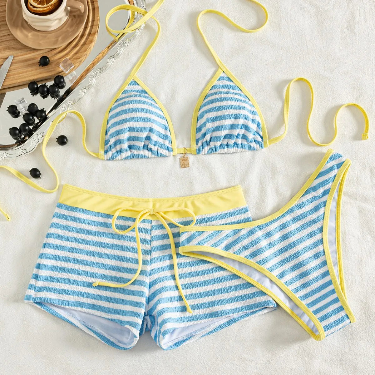 Women 3 Piece Striped Bikini Set Halter Triangle Top High Cut Thong Drawstring Shorts Summer Beach Swimwear Bathing Suit