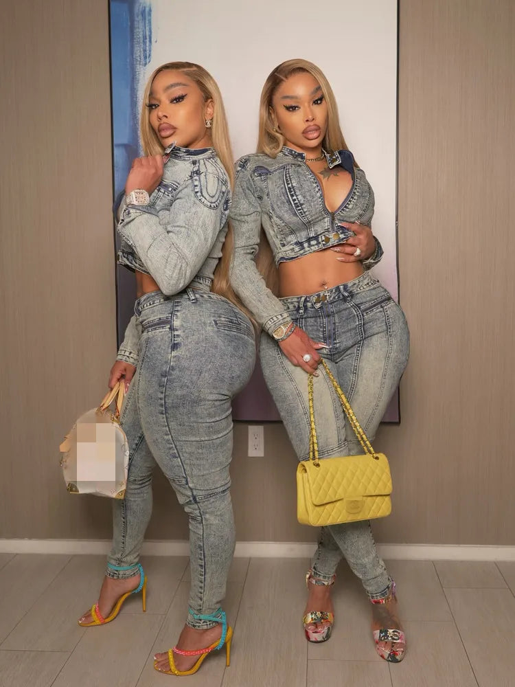 Sexy Denim Women Sets Vintage Wash Stretch Moto Jacket and Skinny Jeans Suit 2025 Fall Streetwear 2 Two Piece Set Outfits