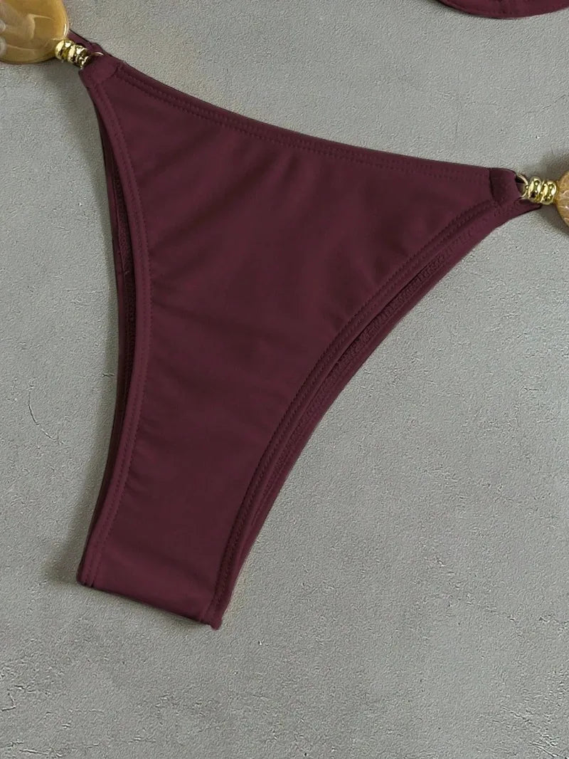 New Women's Sexy Halter Neck Backless Bikini Set Two-Piece Swimwear Solid Color Euro American Style Summer Beach Fashion