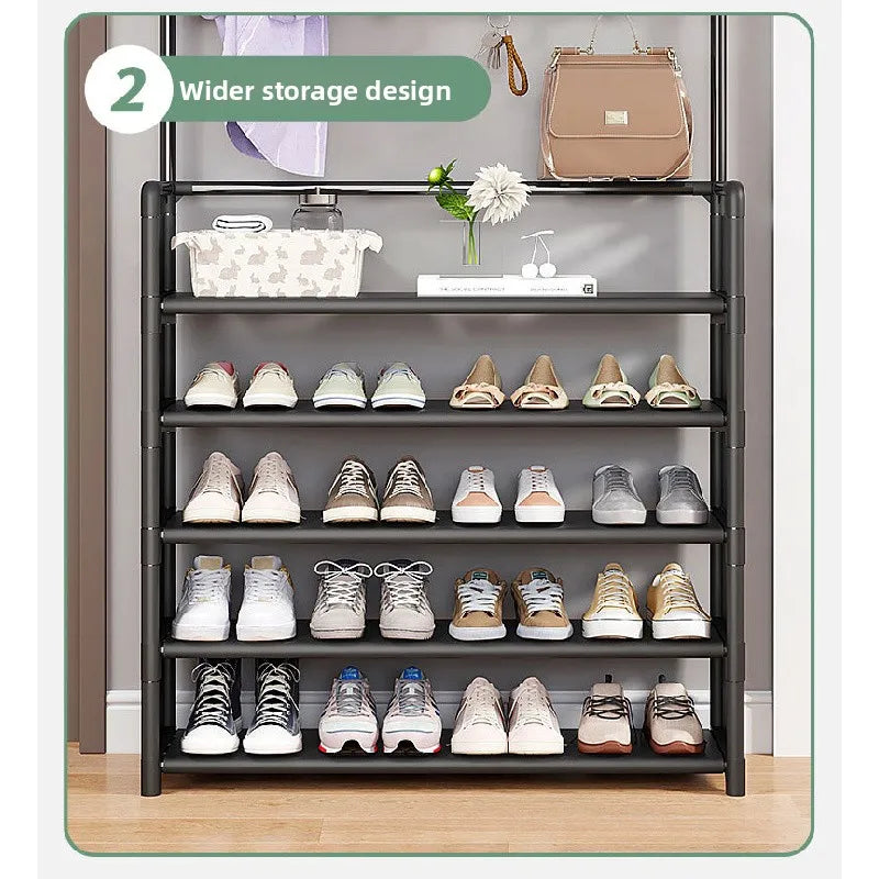5-Tier 3-in-1 Multifunctional Metal Shoe & Hat Rack, Floor-Standing Garment Organizer for Entryway, Bedroom, Living Room, Sturdy Vertical Storage Shelf
