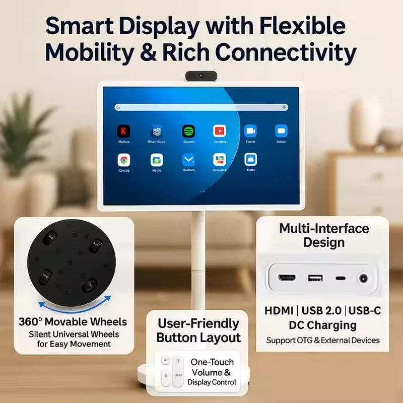 32” Android 15 Floor Stand TV, 6G+128G Smart Screen with Remote Controller, 2K Camera Video Call, Inbuit 148WH Battery Power