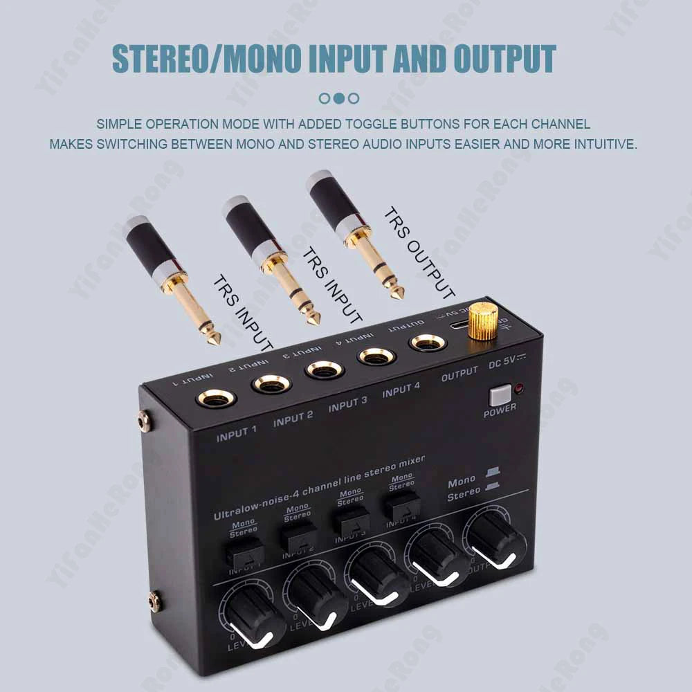 Professional Max400 Sound Mixer 4 Channel Mixer Stereo with 2pcs 6.5 3.5mm Converter RCA Output Mixer Mini Low Noise Sound Mixer