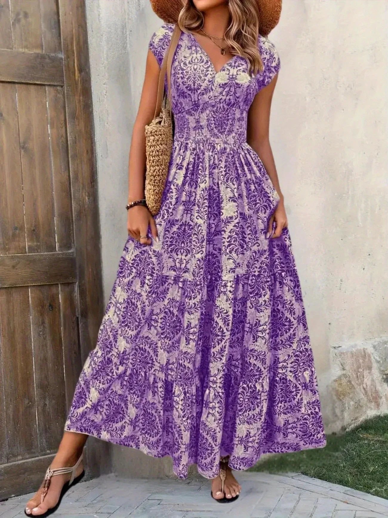 Women's Summer Retro Fashion Floral Printed Sexy V-neck Short Sleeve High Waist Medium Length Bohemian Loose Holidays Dresses