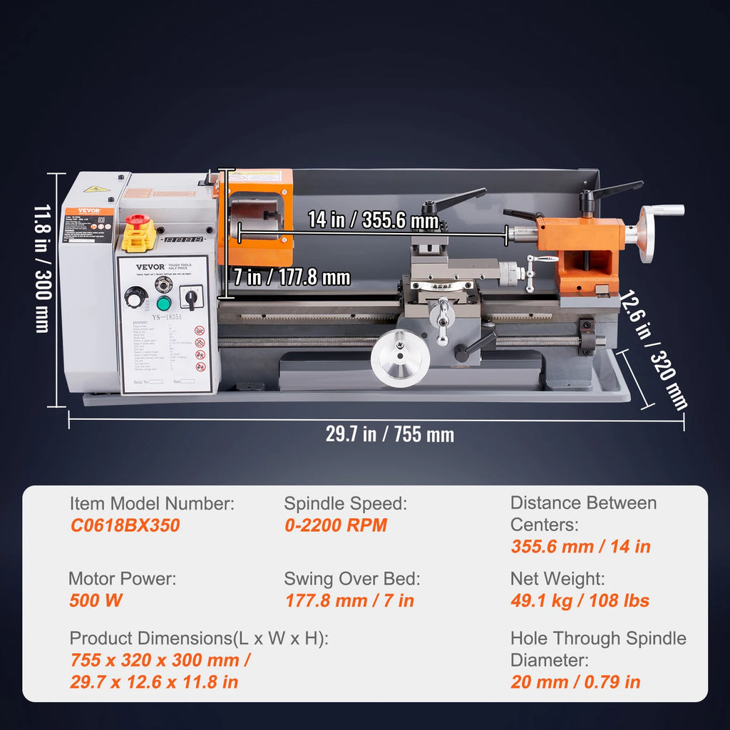 SucceBuy Metal Lathe Machine 7'' x 13.78'' 0-2200 RPM Continuously Variable Speed 500W & Tool Box for Processing Precision Parts
