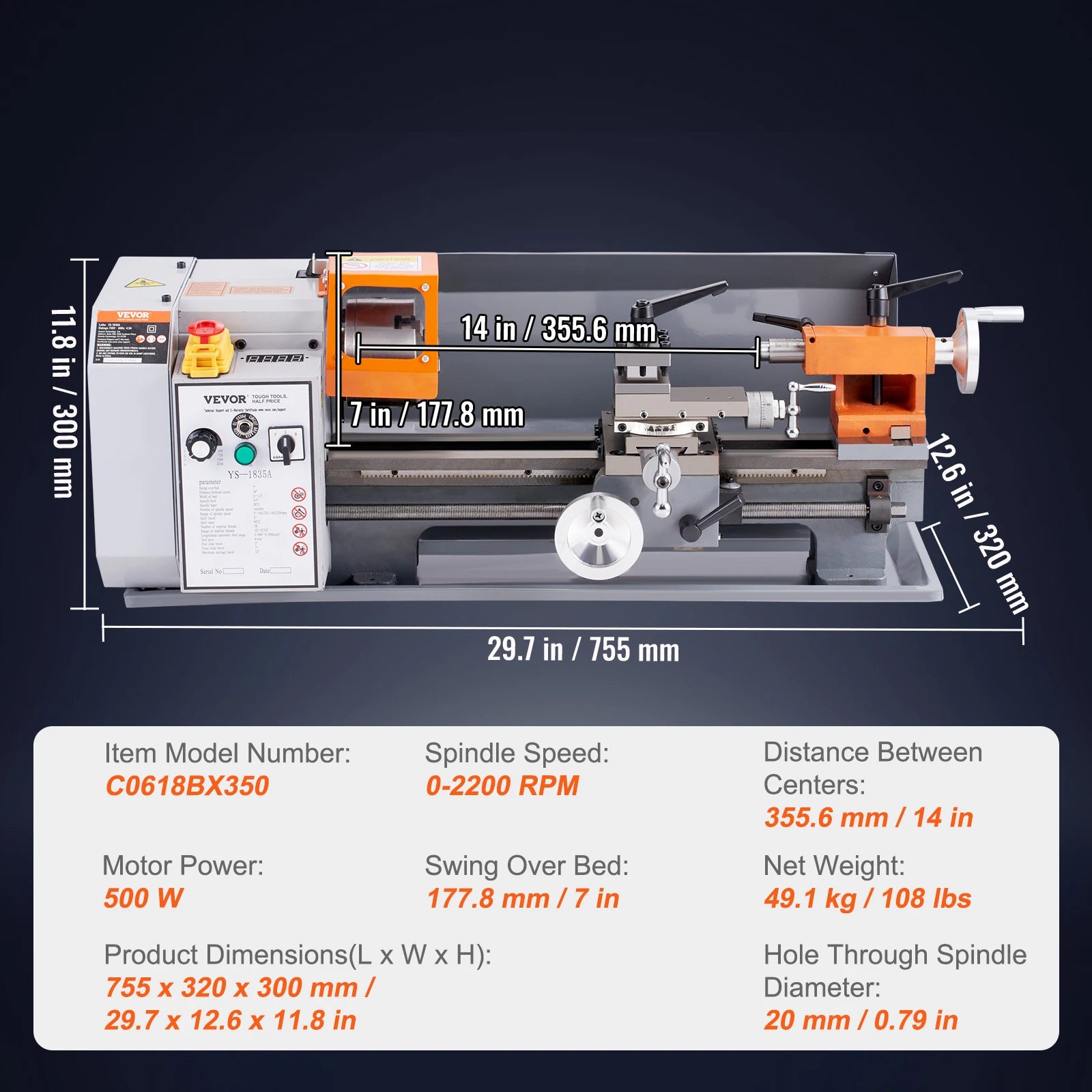 SucceBuy Metal Lathe Machine 7'' x 13.78'' 0-2200 RPM Continuously Variable Speed 500W & Tool Box for Processing Precision Parts