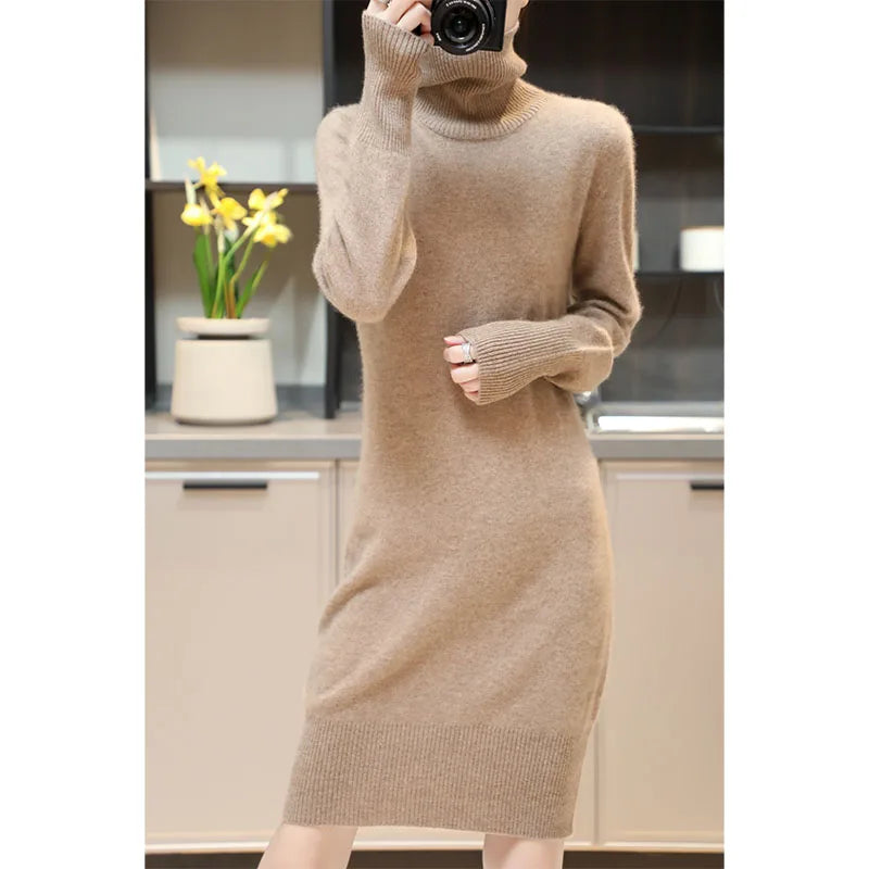 Elegant Cashmere Sweater Womens Dresses 100% Merino Wool Autumn Winter Turtleneck Knitted Dress Female Casual Long-Sleeve Skirts