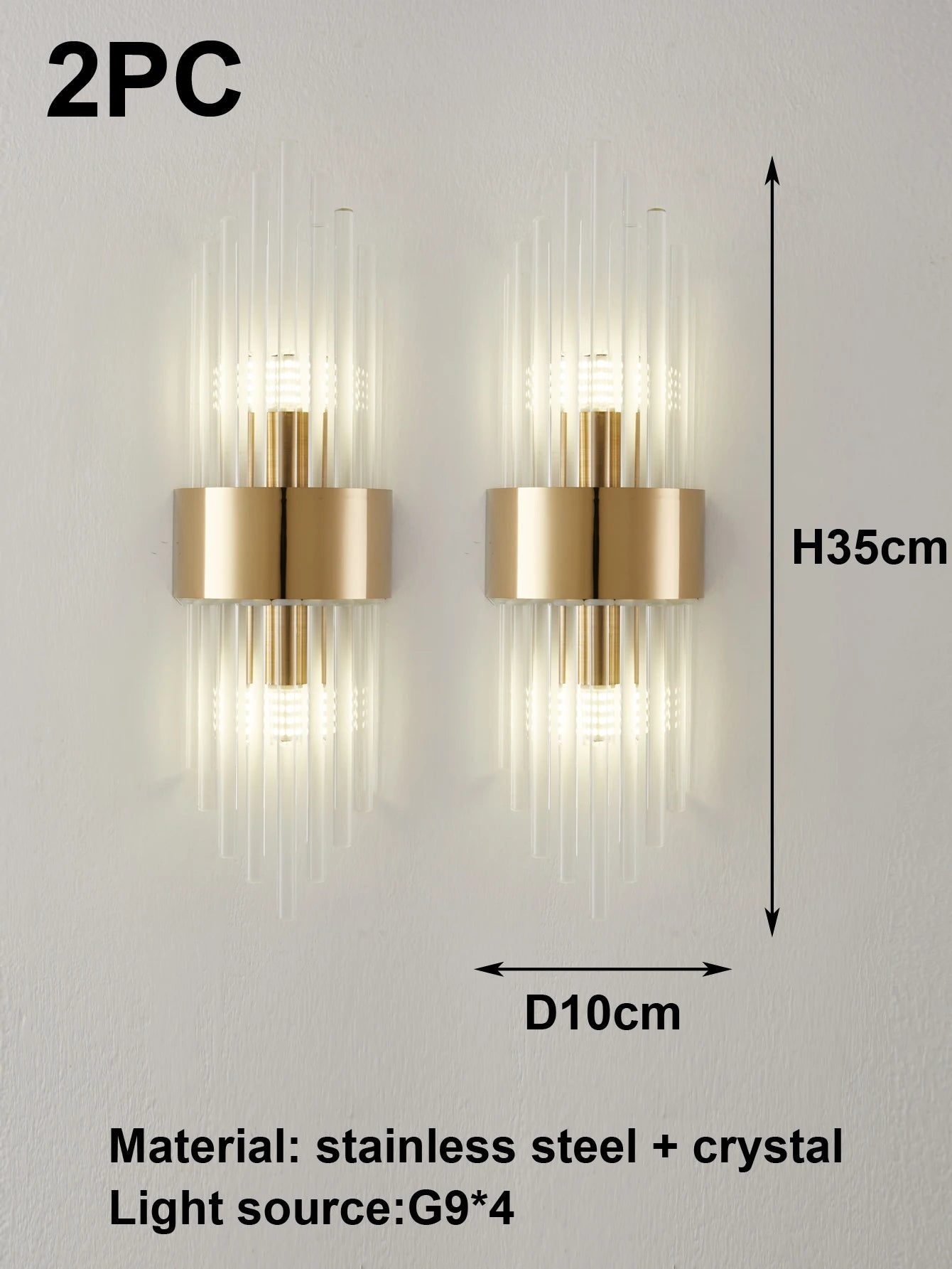 Gold/Black Stainless Steel Crystal Wall Sconce for Living Room, Bedroom, Kitchen Home Decor Lighting, G9 Light Source