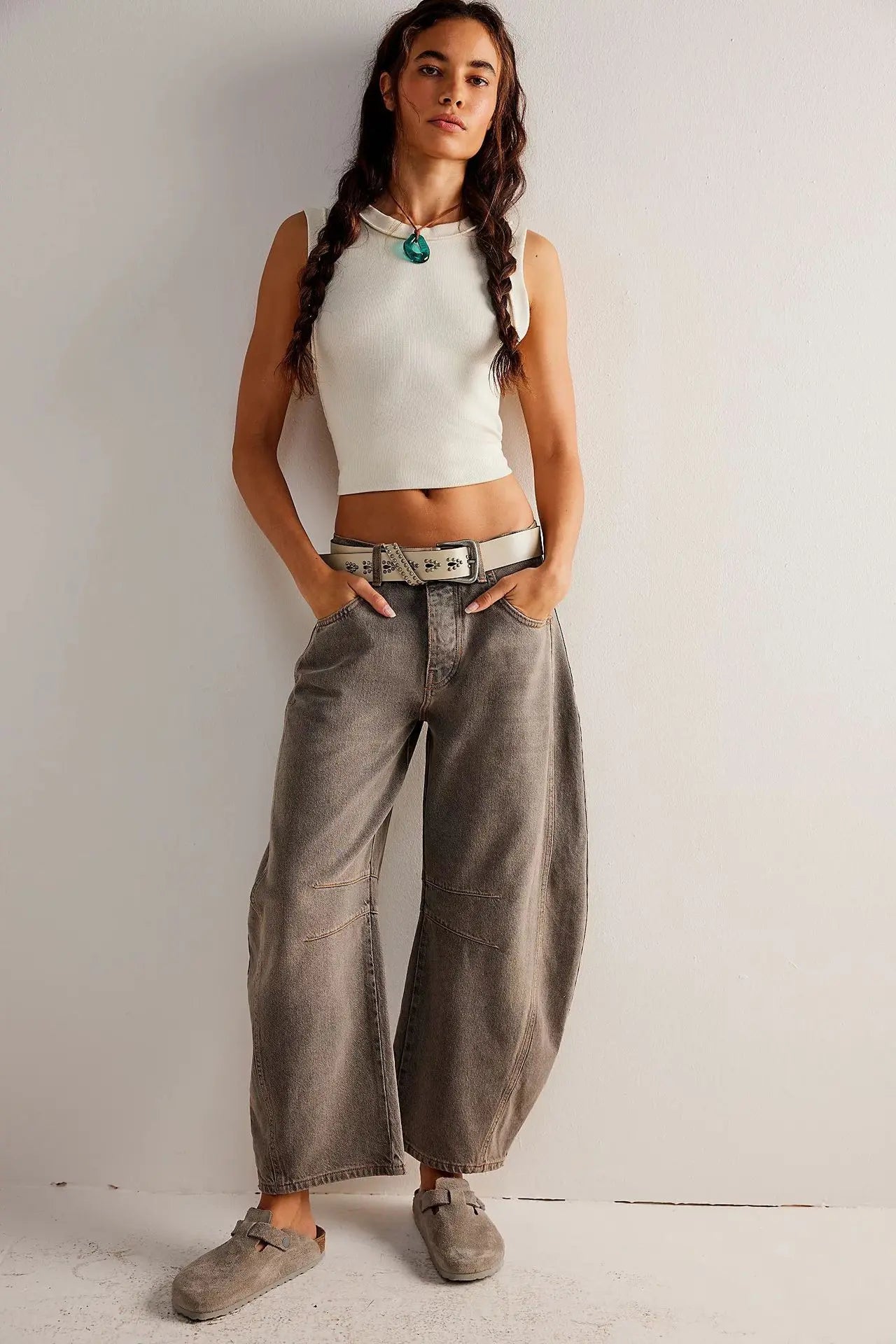 Cotton Denim Long Jeans for Women Trousers Casual High Waisted Jeans Cropped Pants Spring Summer Boho Beach Ladies Baggy Jeans