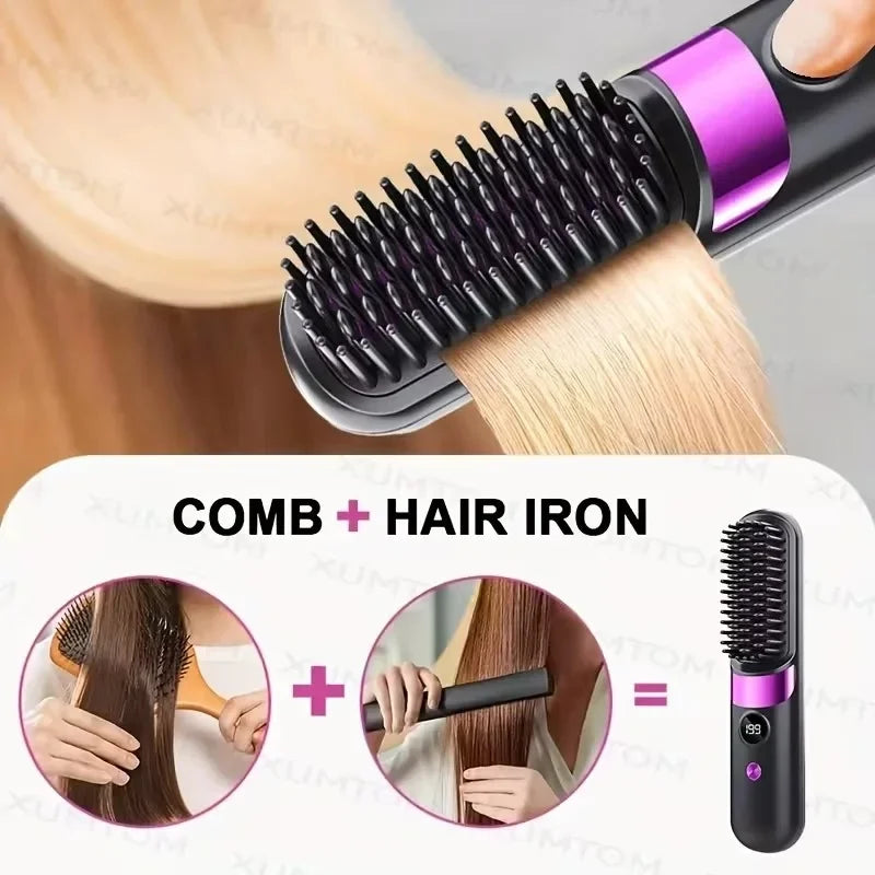 Portable Mini 2-in-1 Hair Straightener and Curler, Wireless USB Rechargeable, For Home & Travel Use, With LCD Display