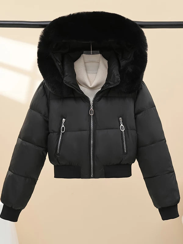 Korean Style Short down Cotton Jacket Women's Thickened Large Fur Collar Hooded Coat Slim Fit Commute Element  Color