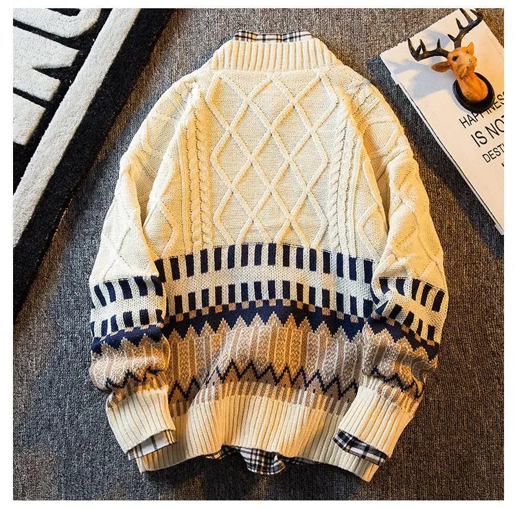 2023 New Autumn and Winter Retro Patchwork Diamond V-neck Color Matching Loose and Handsome Casual Knitted Cardigan for Men