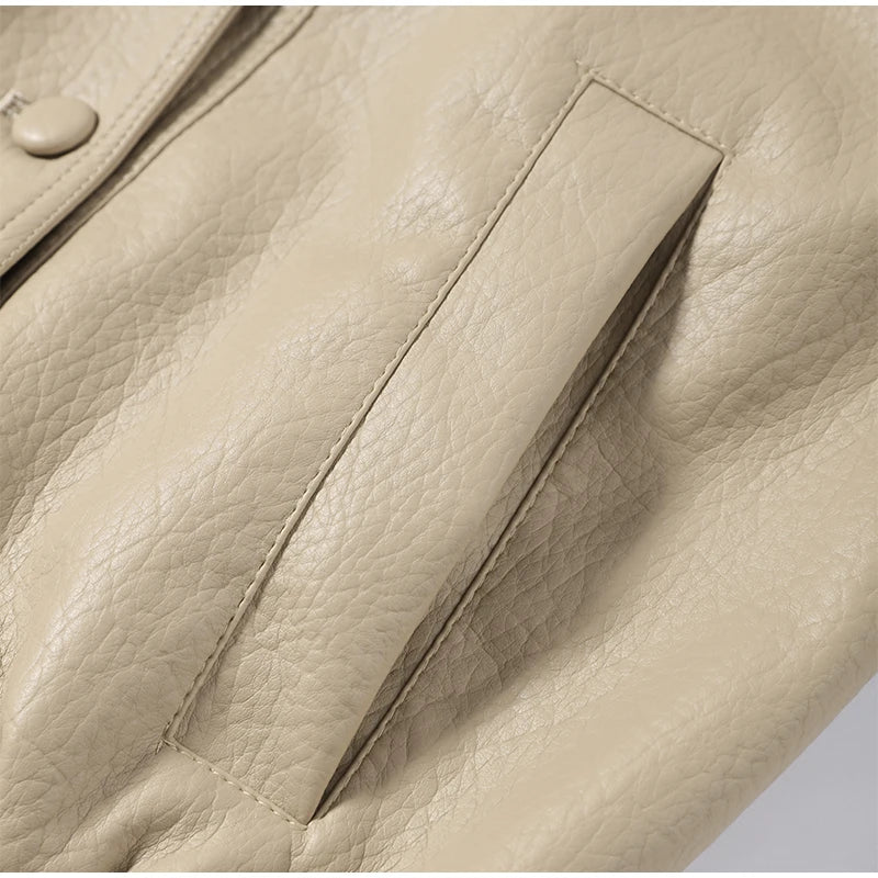 High Street Leather Jackets Women's Casual Double-breasted Turn Down Collar Loose Coats Elastic Waist 2026 Autumn New Outwear