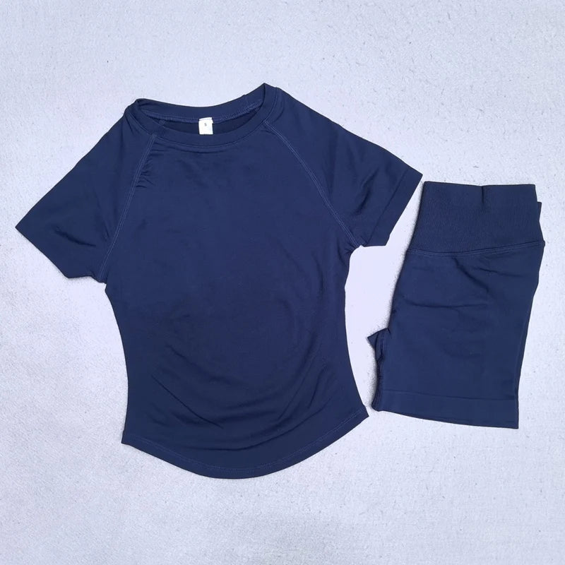 2 Piece Yoga Set Women Outfit Longline Short Sleeve Gym Top Shirt High Waist Workout Shorts Sports Suit Fitness Clothes Gym Set