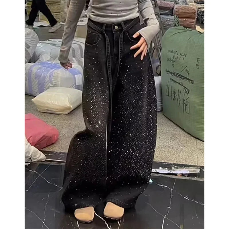 Korean Loose Women Denim Pants 2026 New Autumn Winter Retro Hot Diamond Long Cowboy Trousers Ladies Casual Streetwear Jeans
