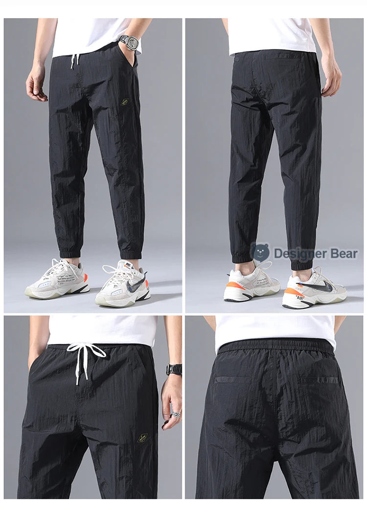 2026 Summer Thin Men's Wrinkled Fabric Loose Tapered Harem Pants Quick-Dry Elastic Cuff Casual Trousers Elastic Waist City Boy