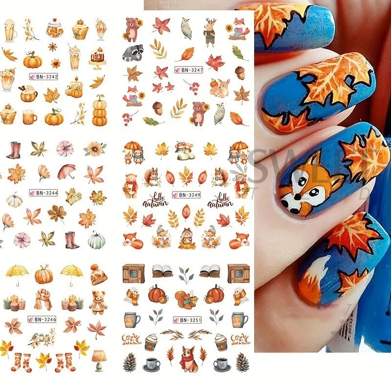 12 Designs Autumn Maple Leaf Squirrel Pumpkin Water Nail Stickers Fall Season Element Watermark Sliders DIY Manicure Decal Foils