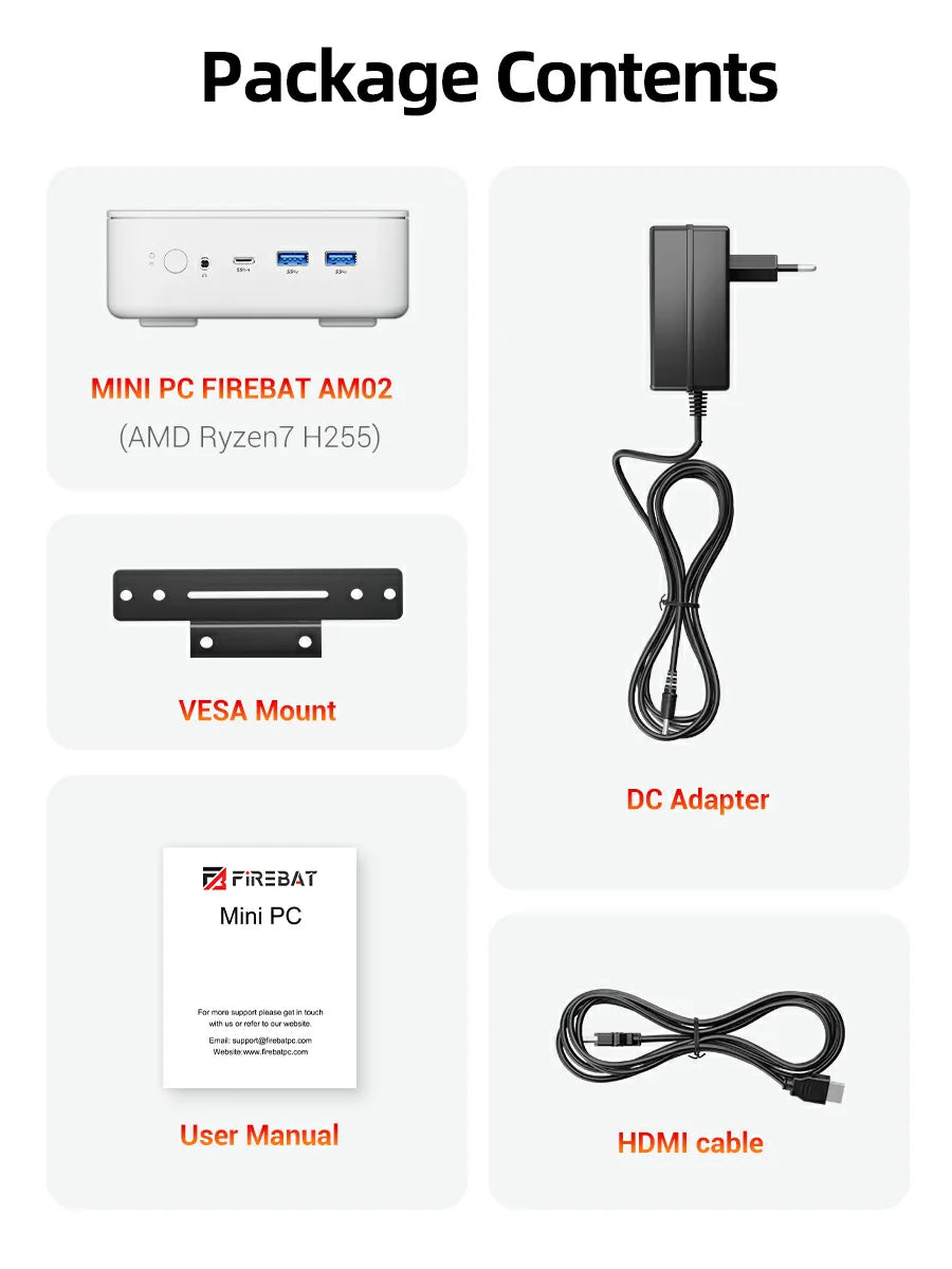 FIREBAT AM02 Mini PC AMD Ryzen 7 H255 DDR5 16GB RAM M.2 PCIe 512GB SSD WiFi6 BT5.2 1000M LAN Portable Windows11 Desktop Computer
