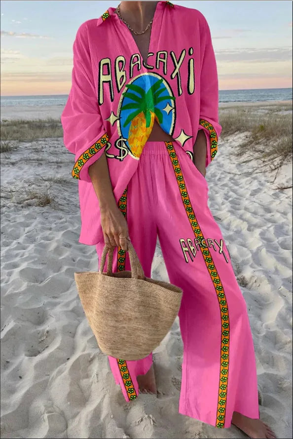 Fashion Print Beach Holiday 2 Piece Set Women Summer Short Sleeve Shirt Top Wide Legs Shorts Women's Oversize Two Piece Outfit
