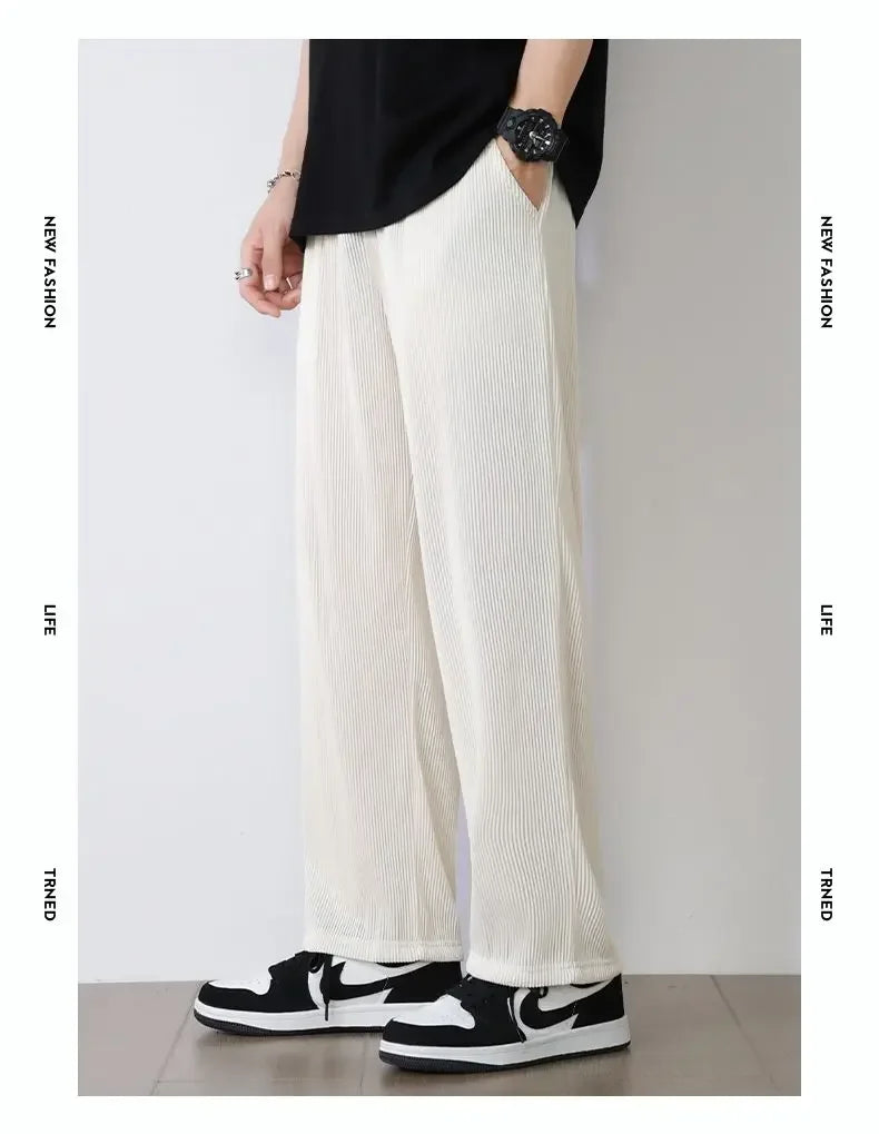 Summer White Casual Pants Men's Ice Silk Pants Men's Drape Floor Mop Pants  Korean Straight Loose Wide Leg Long Pants