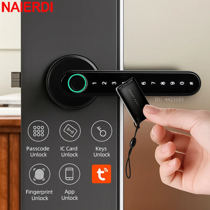 NAIERDI Smart Fingerprint Door Lock Tuya APP Bluetooth Keypad Card Entry Door Lock with Handle for Home Apartment Bedroom