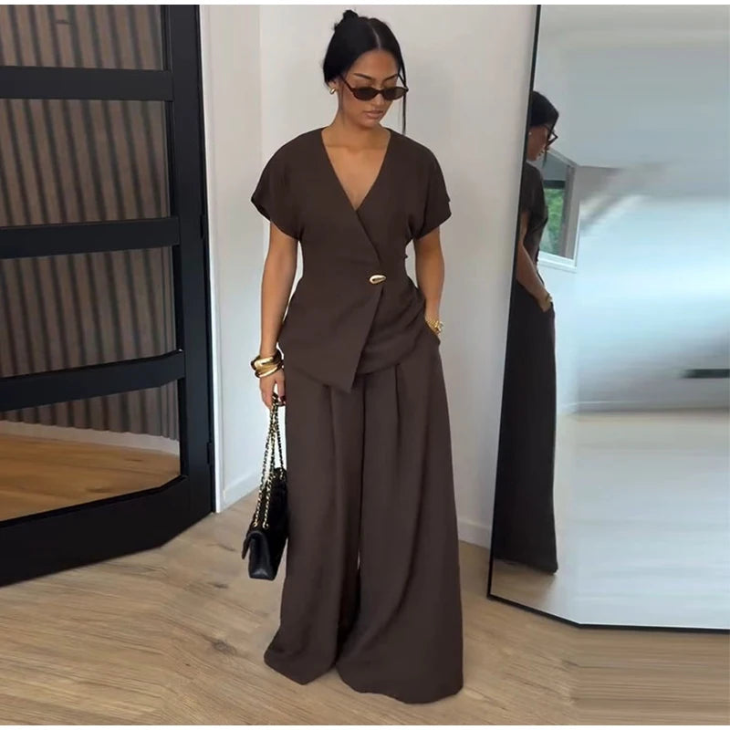 Elegant Button Top Pants Set Women Slim V-neck Short Sleeve One Button Tops High Waist Wide Leg Pant Two Piece Sets 2026 Summer