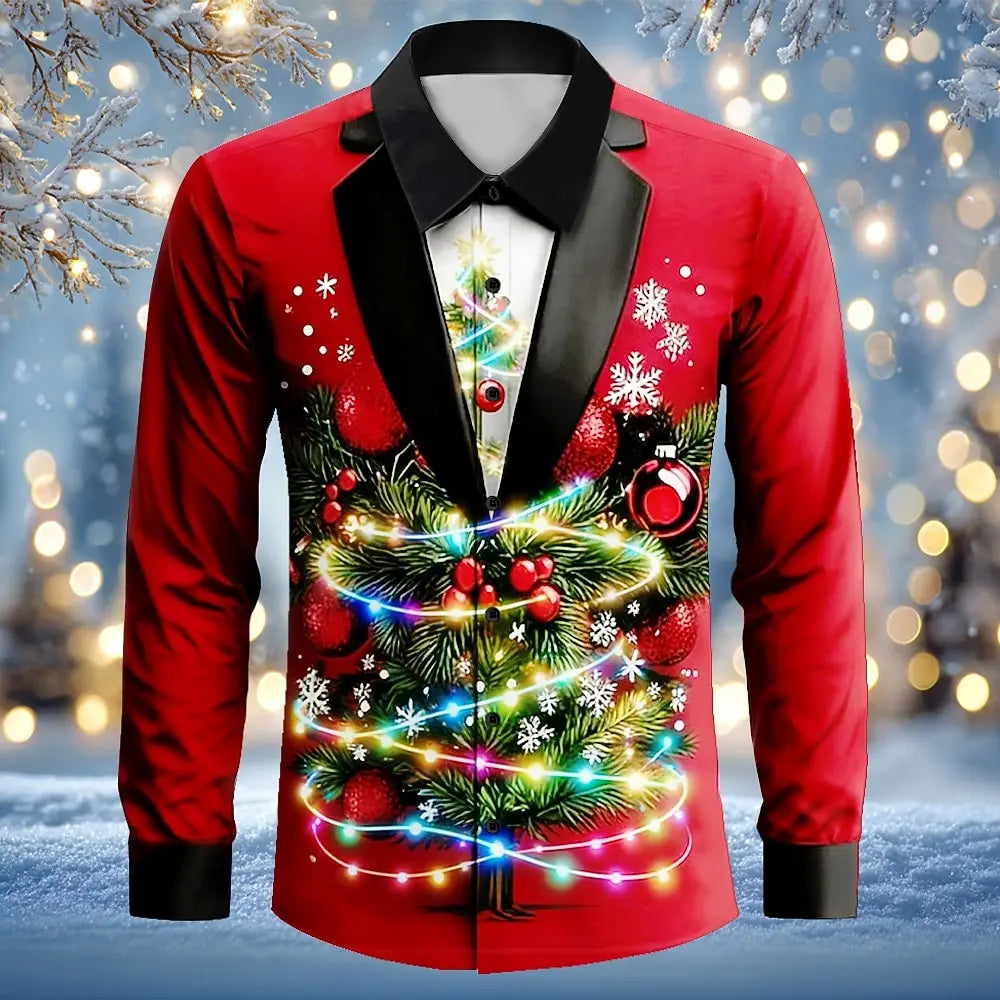 Men's Christmas Costume Christmas Light Suit Tie Printed Tuxedo Shirt Button Up Shirt Long Sleeve Outdoor Holiday Spring Fall