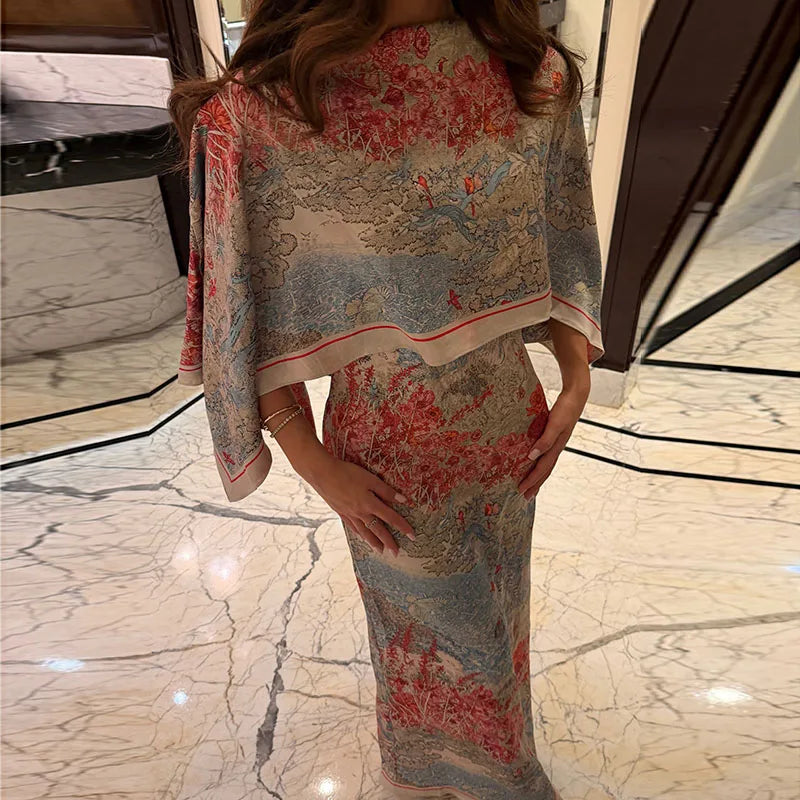 Women Floral Dress With Attached Shawl Cape Overlay Waisted Bodycon Maxi Dresses Fashion Elegant Commute 2026 Summer Autumn Gown